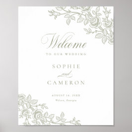 Elegant Vintage Floral Sage Green Wedding Welcome Poster