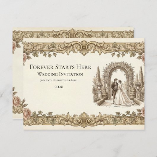 Elegant Vintage Floral Wedding Invitation Postcard Postkarte (Vorne/Hinten)