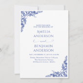 Elegant Vintage French  Blue Floral Wedding  Einladung (Vorderseite)
