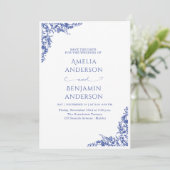 Elegant Vintage French  Blue Floral Wedding  Einladung (Stehend Vorderseite)