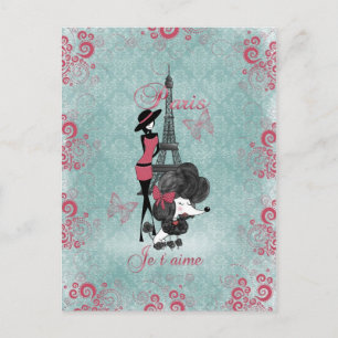 Elegant vintage French poodle girls silhouette Postkarte
