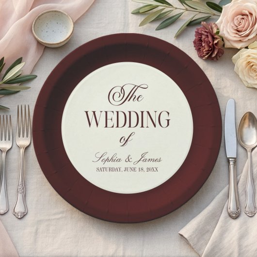 Elegant Vintage Ivory Dark Burgundy Wedding Pappteller