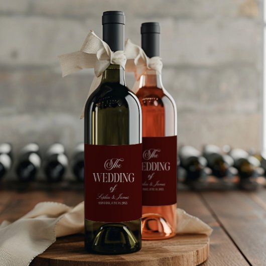 Elegant Vintage Ivory Dark Burgundy Wedding Weinetikett