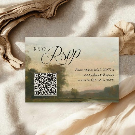 Elegant Vintage Landscape QR Code Wedding RSVP Karte