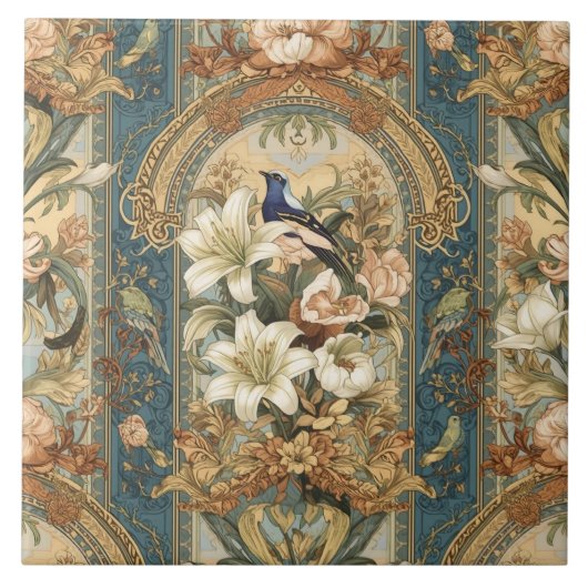 Elegant Vintage Nouveau Floral Birds Fliese (Vorderseite)