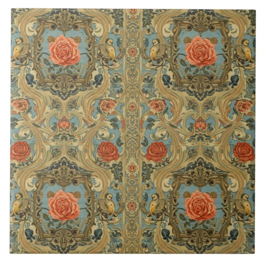 Elegant Vintage Nouveau Floral Birds Fliese (Vorderseite)