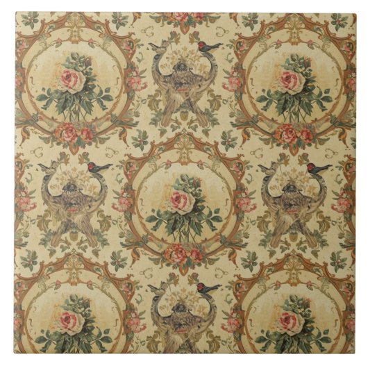 Elegant Vintage Nouveau Floral Birds Fliese (Vorderseite)