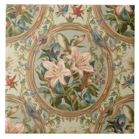 Elegant Vintage Nouveau Floral Birds Fliese (Vorderseite)