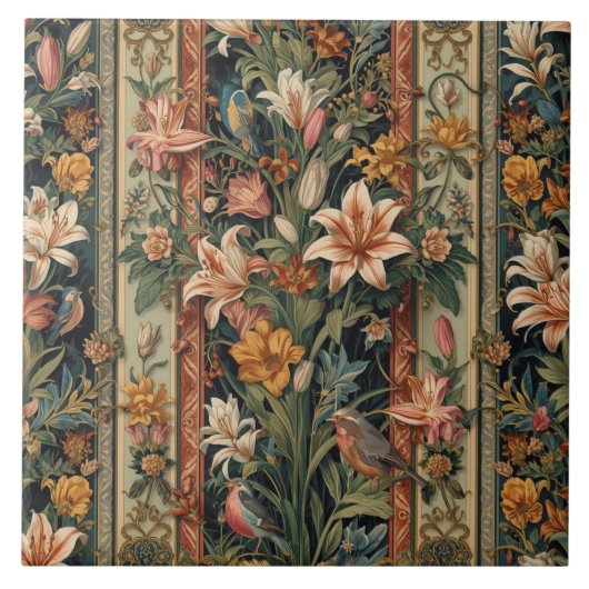 Elegant Vintage Nouveau Floral Birds Fliese (Vorderseite)