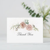 Elegant Vintage Pink Roses Greenery Wedding Dankeskarte (Stehend Vorderseite)