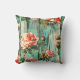 Elegant Vintage Rose on Turquoise Wood Texture Kissen