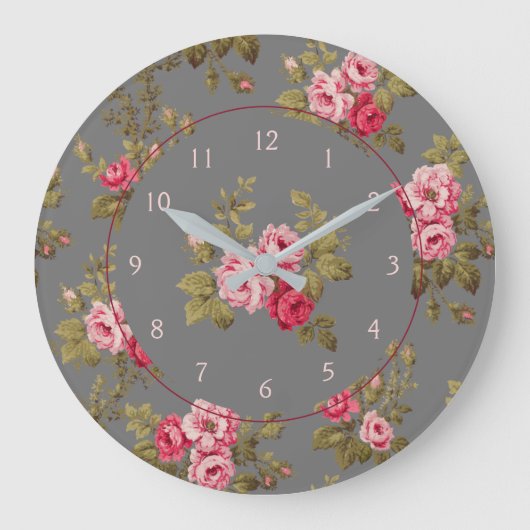 Elegant Vintage Roses on Gray Background Große Wanduhr (Vorderseite)