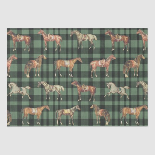 Elegant Vintage Saddled Horses Green Plaid Seidenpapier (Vorderseite)
