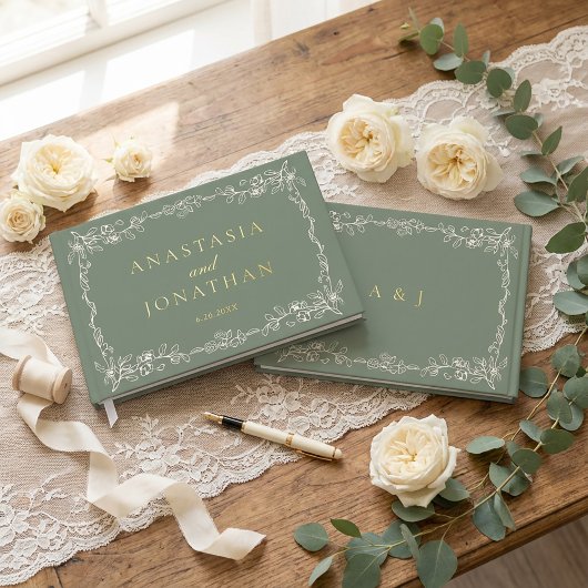 Elegant Vintage Sage Green Monogram Wedding  Gästebuch