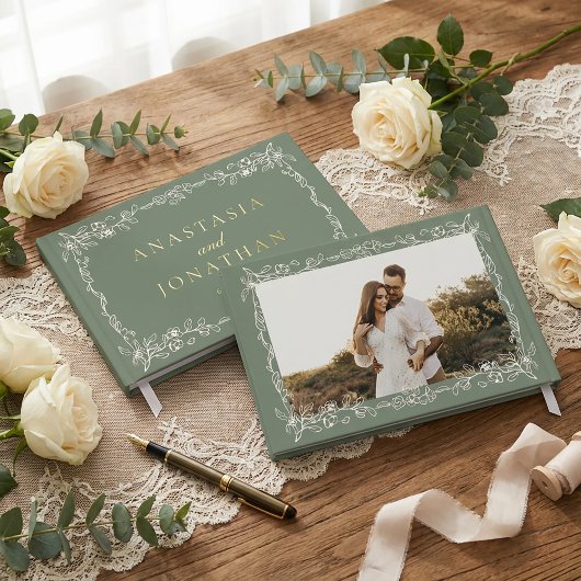 Elegant Vintage Sage Green Photo Wedding Gästebuch