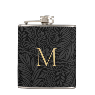 Elegant Vintage Schwarz Floral Gold Monogramm Flachmann