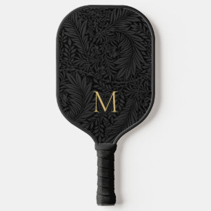 Elegant Vintage Schwarz Floral Gold Monogramm Pickleball Schläger