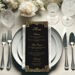 Elegant Vintage Schwarz Gold Schrift Antike Hochze Menükarte