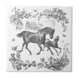 Elegant Vintage Schwarz Weiß Pferde Floral Fliese