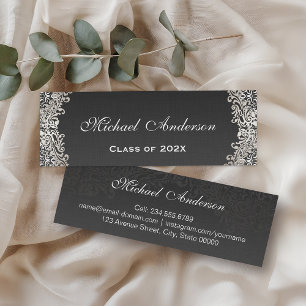Elegant Vintage Silver Damask Graduation Name Card Telefonnummerkarte