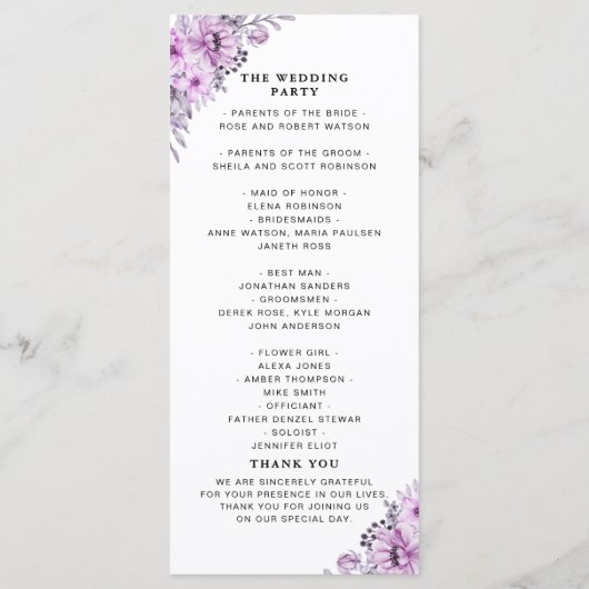 Elegant Violet Watercolor Flowers - Wedding  Programm (Rückseite)