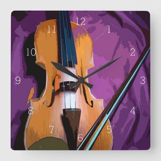 Elegant Violin on Purple Silk, Clock Square Quadratische Wanduhr (Vorderseite)