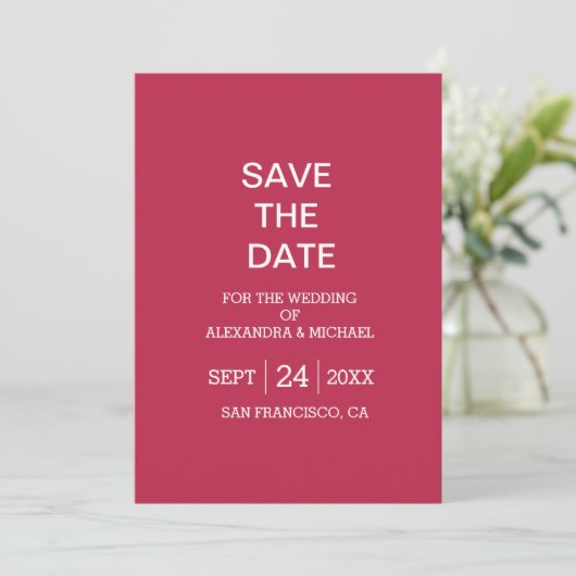 Elegant Viva Magenta Script Wedding Save The Date (Stehend Vorderseite)