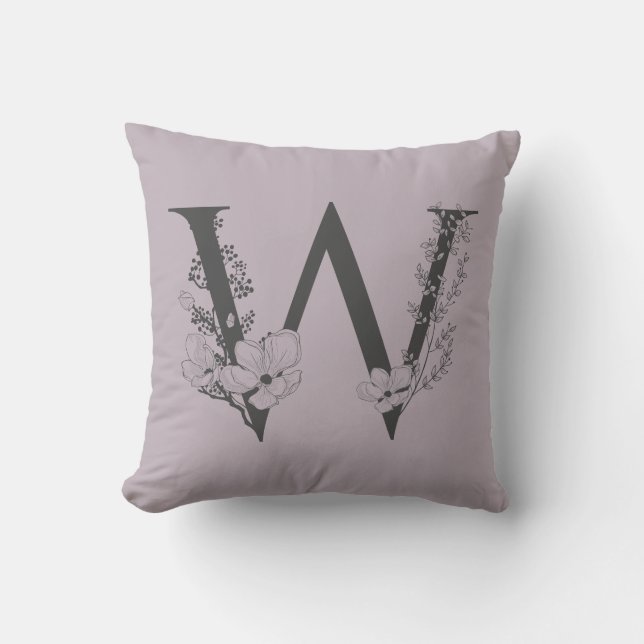 Elegant W Boho Floral Monogram Initial Lilac Gray Kissen (Vorderseite)