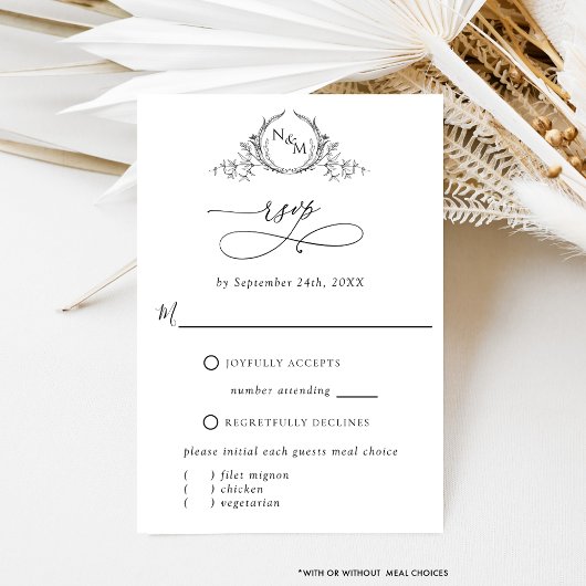 Elegant W/Ohne Mahlzeiten Weiß und Schwarz Monogra RSVP Karte