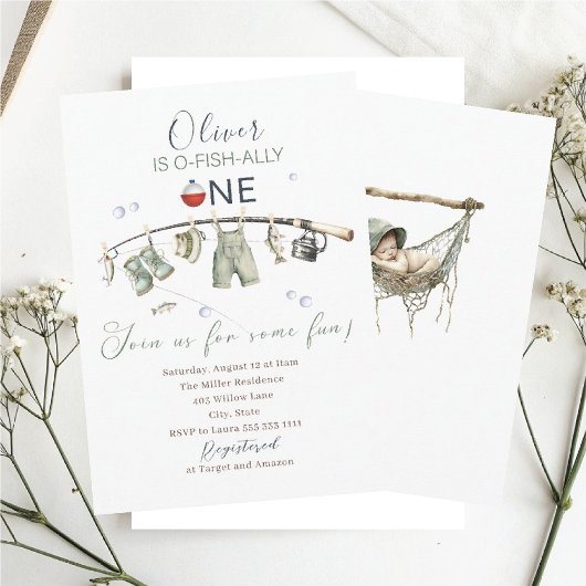 Elegant Watercolor A little fisherman one birthda Einladung