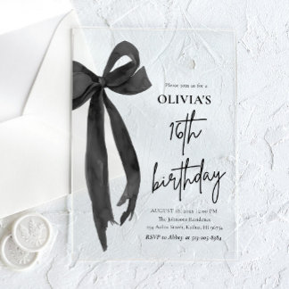Elegant Watercolor Black Bow 16. Geburtstagsparty Acryleinladungen