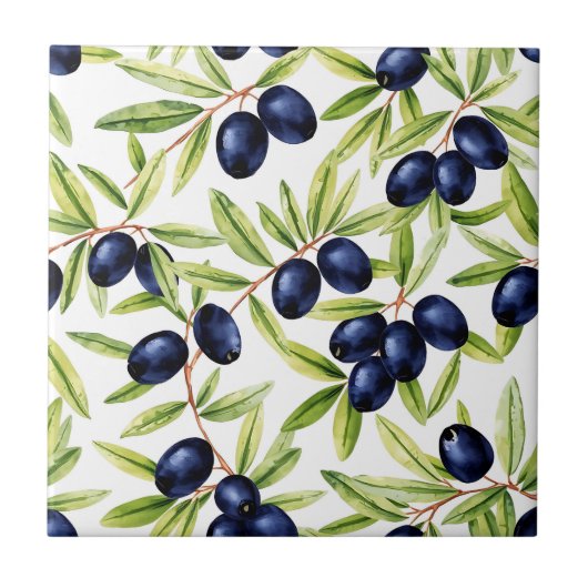 Elegant Watercolor Black Olives Seamless Pattern  Fliese (Vorderseite)