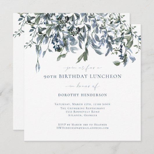 Elegant Watercolor Blaue Weintrauben 90. Geburtsta Einladung (Vorne/Hinten)