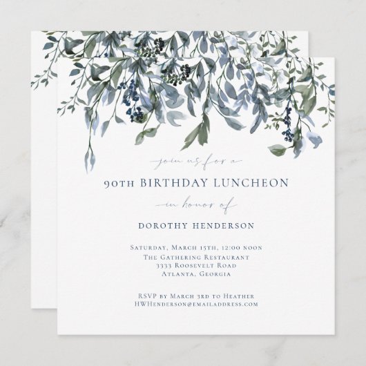 Elegant Watercolor Blaue Weintrauben 90. Geburtsta Einladung (Vorne/Hinten)