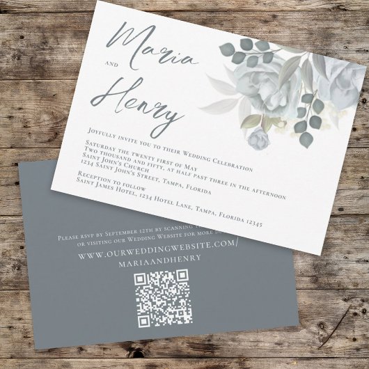 Elegant Watercolor Blauer Blumenstrauß Grün Einladung