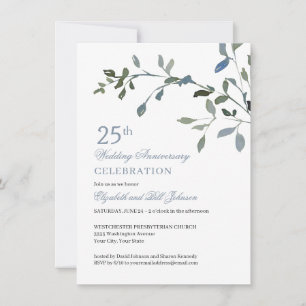 Elegant Watercolor Blue 25. Hochzeitstag Einladung
