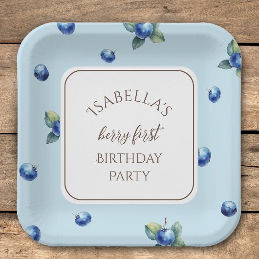 Elegant Watercolor Blue Berry First Birthday Party Pappteller