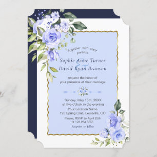Elegant Watercolor Blue Flowers Navy Blue Wedding Einladung