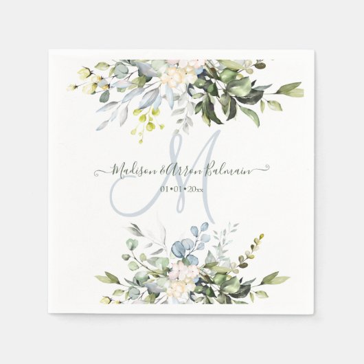 Elegant Watercolor Blue Gum Eucalyptus Monogram Serviette (Vorderseite)