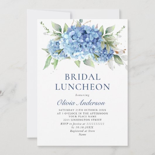Elegant Watercolor Blue Hydrangea BRIDAL LUNCHEON Einladung (Vorderseite)