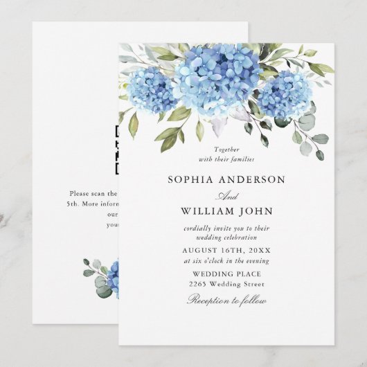 Elegant Watercolor Blue Hydrangea Flora Wedding Einladung (Vorne/Hinten)