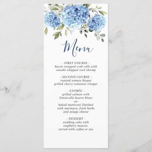 Elegant Watercolor Blue Hydrangea Wedding Menükarte (Vorderseite)