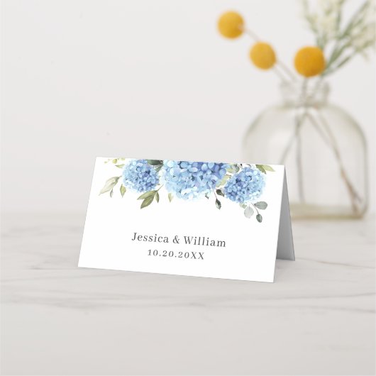 Elegant Watercolor Blue Hydrangea Wedding Platzkarte (Rückseite)