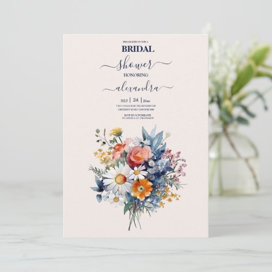 Elegant Watercolor Boho Floral Bridal Einladung (Stehend Vorderseite)