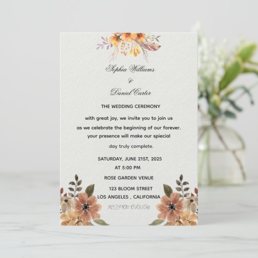 Elegant Watercolor Boho Floral Wedding Invitation Einladung (Stehend Vorderseite)