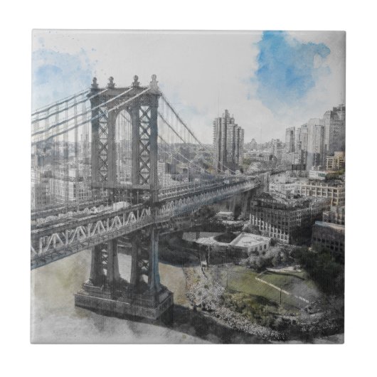 Elegant Watercolor Brooklyn Bridge NYC Fliese (Vorderseite)