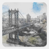 Elegant Watercolor Brooklyn Bridge NYC Square Quadratischer Aufkleber (Vorderseite)