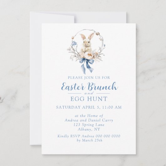 Elegant Watercolor Bunny Blue Bow Easter Brunch Einladung (Vorderseite)