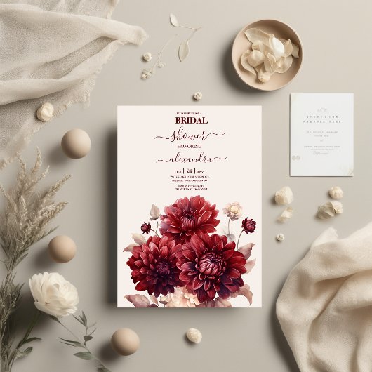 Elegant Watercolor Burgundy Dahlia Bridal Einladung