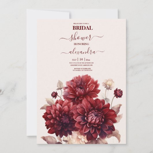 Elegant Watercolor Burgundy Dahlia Bridal Einladung (Vorderseite)